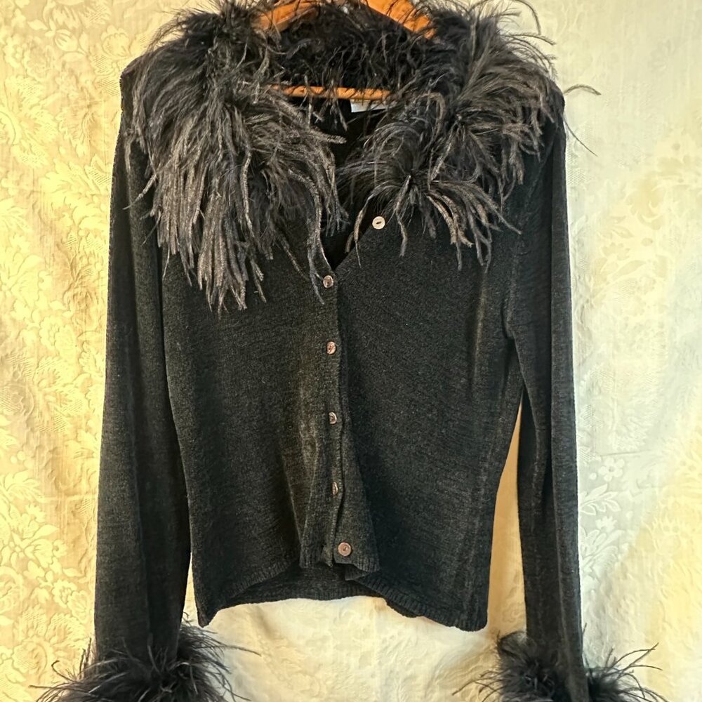 Chenille Button-Up Sweater w/ Removable Ostrich Feather Trim – Size M – Vintage